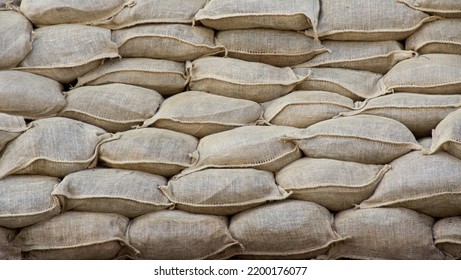 Sandbag Flood Protection Barricade Wall Background Texture.