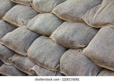 Sandbag Flood Protection Barricade Wall Background Texture.