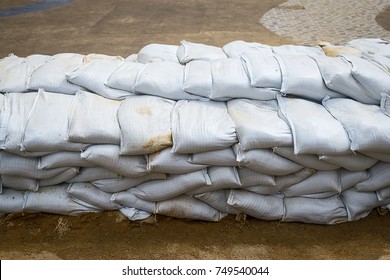 Sandbag To Prevent Flooding In The Rainy Season, Preventive Concept.