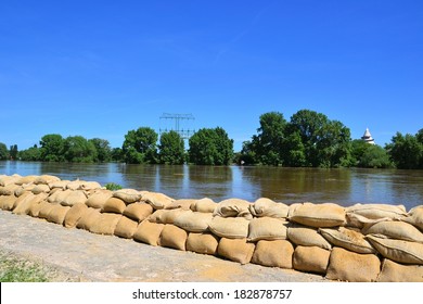 Sandbags during floods in 2013 in Magdeburg on the