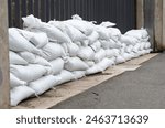 Sandbags for flood defense, river Moselle Trier in Rhineland Palatinate, flooded trees and paths, high water level, climate change 