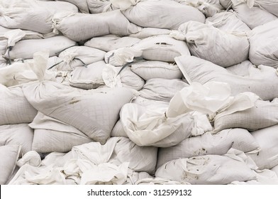 Sandbags Piled High Along The Illinois River In Summer: Documentary Detail For Themes Of Flood Control, Climate Change, Emergency Response