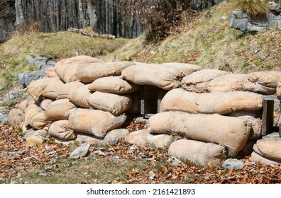 Sandbags For The Protection Of The War Trenches Dug Into The Mountain By The Soldiers Army