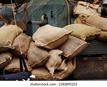 Sandbags Surround Army Military Vehicle Medium Shot Medium Shot Selective Focus