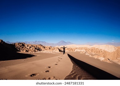 Sandboarding in the Atacama Desert, Chile. A lone adventurer climbs a vast sand dune under the blazing sun, capturing the essence of adventure and natural beauty.
 - Powered by Shutterstock