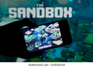 The Sandbox Editorial. Illustrative Photo For News About The Sandbox - An NFT-based Online Video Game. Novosibirsk,Russia - February, 21 - 2022