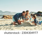 Sandcastle, parents and children at the beach with bonding, love and support. Baby, mom and dad together with kids playing in the sun with happiness and smile by the ocean and sea with family