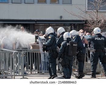 Sandefjord, Norway - April 23, 2022: Demonstration against Right-wing organization SIAN