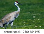 A sandhill crane against blurred natural background with copy space