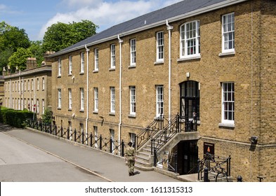 Sandhurst, Berkshire, UK - June 16, 2019: An Officer Cadet Outside The Barracks For Slim's Company At Sandhurst Military Academy In Berkshire. The College Trains Officers For The British Army.