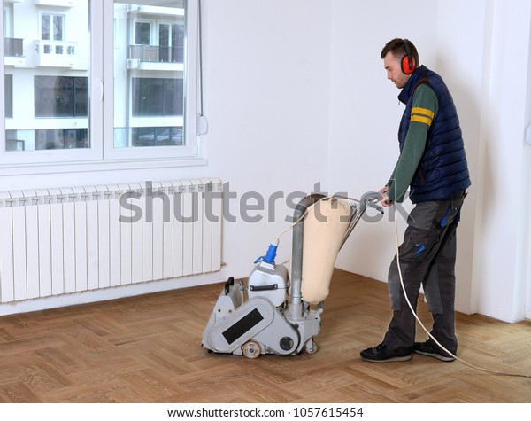 Sanding Hardwood Floor Grinding Machine Repair Stock Photo