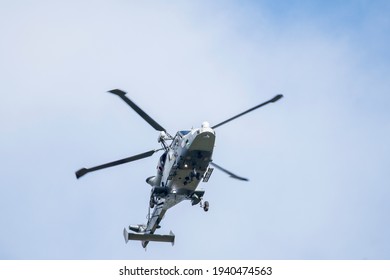 Sandon, Staffordshire - England - February 2021: A British Army Air Corps Wildcat Helicopter Flies Overhead On Approach To MOD Stafford