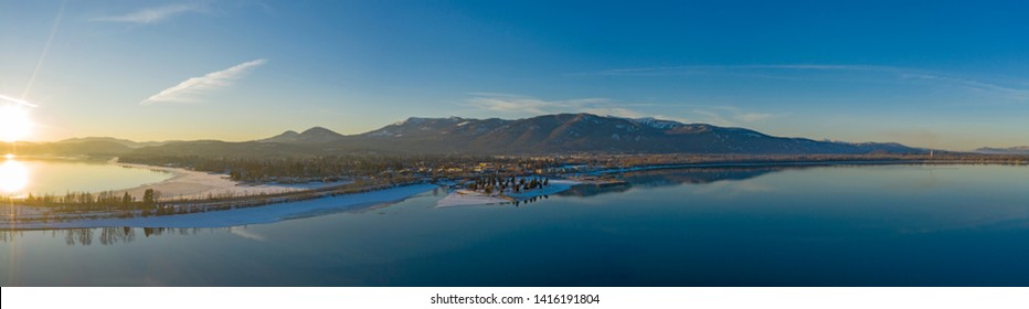 Sandpoint Idaho USA Aerial Sunset Waterfront Winter Panorama