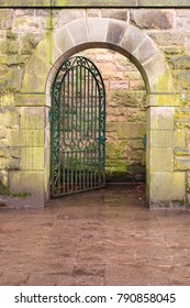 Sandstone Archway Open Iron Gate Background