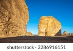 Sandstone elephant rock erosion monolith standing in the desert, Al Ula, Saudi Arabia