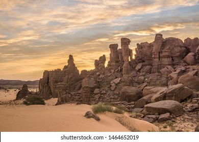 Sandstone Pinnacles In The Sahara Desert At Sunset, Chad, Africa