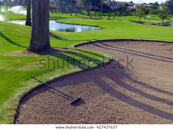 Sandtrap and Manicured green grass of fairway on a\
golf course