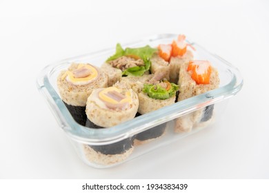 Sandwich Bred Roll In Glass Contain Box Isolate In White Background.