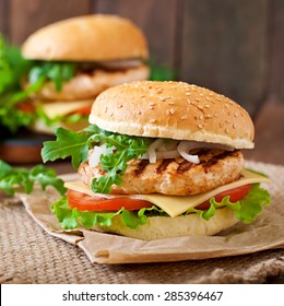 Sandwich With Chicken Burger, Tomatoes, Cheese And Lettuce