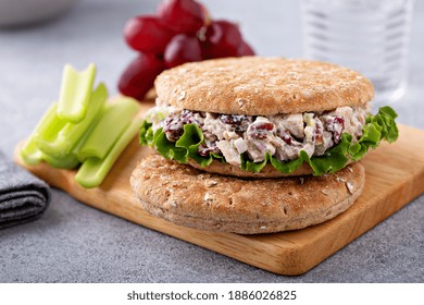 Sandwich With Chicken Salad With Celery Sticks And Grapes, Lunch To Go