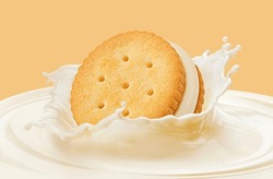 Sandwich Cookie Falling Into Milk Splash Isolated On Color Background