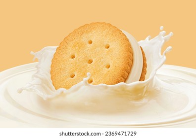 Sandwich cookie falling into milk splash isolated on color background