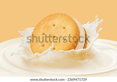 Sandwich cookie falling into milk splash isolated on color background