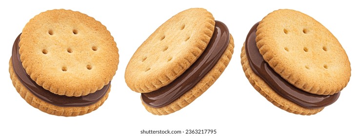 Sandwich cookies, chocolate cream filled biscuits isolated on white background, full depth of field