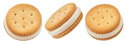 Sandwich Cookies, Vanilla Cream Filled Biscuits Isolated On White Background, Full Depth Of Field
