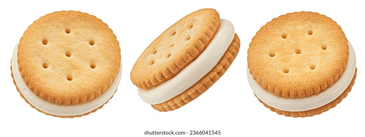 Sandwich cookies, vanilla cream filled biscuits isolated on white background, full depth of field