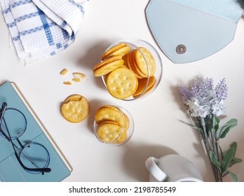 Sandwich crackers with cheese cream inside. Top view or flat lay photography concept. Isolated background in white - Shutterstock ID 2198785549