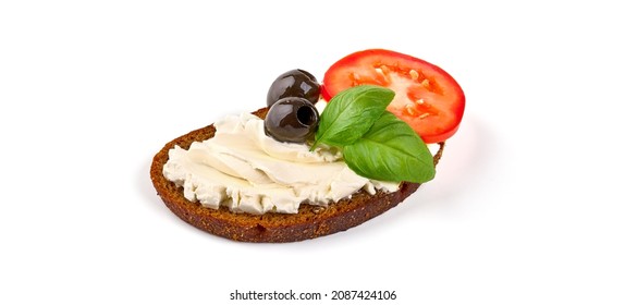 Sandwich with cream cheese, olives and tomato slice, isolated on white background - Powered by Shutterstock