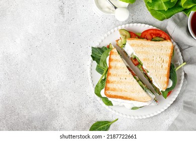 Sandwich cut in half. Two pieces of delicious vegetarian sandwich with lettuce, tomatoes and sauce. Top view, copy space