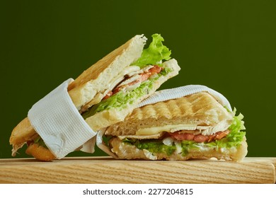 sandwich cut on a wooden board
