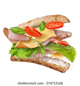 Sandwich With Falling Ingredients In The Air Isolated On White - Slices Of Fresh Tomatoes, Ham, Cheese And Lettuce