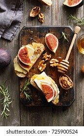 Sandwich With Figs, Cheese, Walnuts And Honey. Overhead View