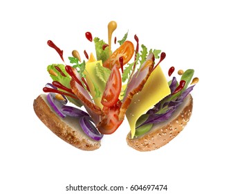 Sandwich With Flying Ingredients Isolated