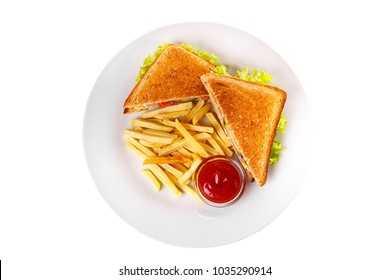 Sandwich with French fries and ketchup, barbecue sauce. View from above. Serving, serving for a cafe, a restaurant in the menu. Isolated, white background