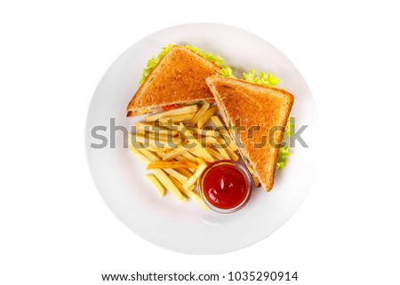 Sandwich with French fries and ketchup, barbecue sauce. View from above. Serving, serving for a cafe, a restaurant in the menu. Isolated, white background