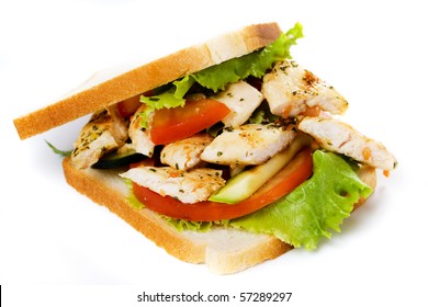 Sandwich With Grilled Chicken Breast Isolated On White Background