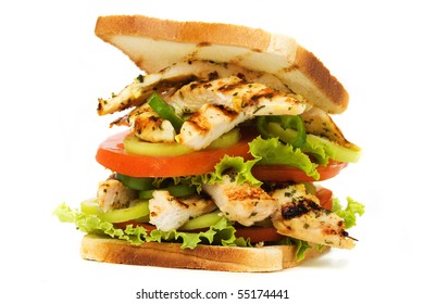 Sandwich With Grilled Chicken, Tomato And Lettuce Isolated On White Background