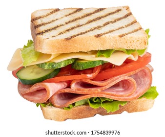 Sandwich With Ham, Cheese, Tomato, Lettuce And Toasted Bread Isolated On A White Background.