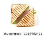 Sandwich with ham, cheese, tomatoes, lettuce, and toasted bread. Top view isolated on white background.