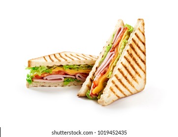 Sandwich With Ham, Cheese, Tomatoes, Lettuce, And Toasted Bread. Above View Isolated On White Background.