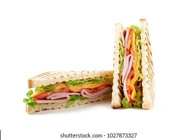 Sandwich With Ham, Cheese, Tomatoes, Lettuce, And Toasted Bread. Front View Isolated On White Background.