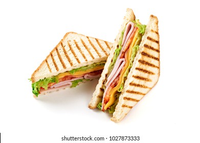 Sandwich With Ham, Cheese, Tomatoes, Lettuce, And Toasted Bread. Above View Isolated On White Background.