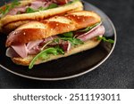 sandwich ham spam meat fresh meal food snack on the table copy space food background rustic top view