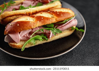 sandwich ham spam meat fresh meal food snack on the table copy space food background rustic top view