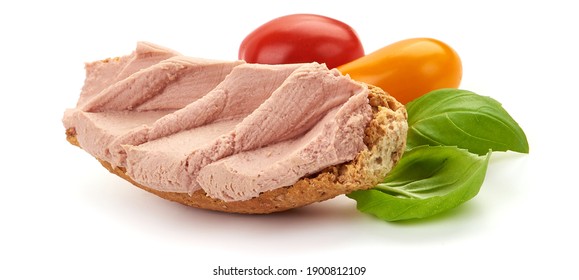 Sandwich with homemade chicken liver pate, isolated on white background.