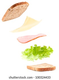 Sandwich Ingredients In Air, Isolated On White